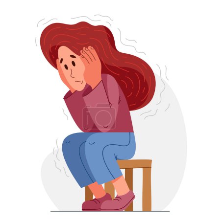 Ilustración de Mujer joven que se siente estresada e incómoda, ilustración vectorial de una persona que tiene trastorno mental pánico y ansiedad, problemas psicológicos. - Imagen libre de derechos