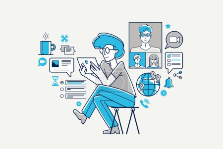Illustration for Online video chat of a young people doing their work and consulting remote about some project, online conference, webinar vector outline illustration. - Royalty Free Image