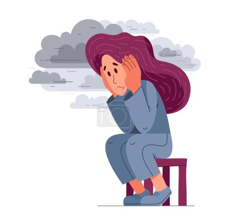 Junge Frau mit psychologischem Stress- oder Angstproblem, Vektorillustration eines gestressten Mädchens mit psychischer Störung oder müde, Kopfschmerzen flache Zeichnung.