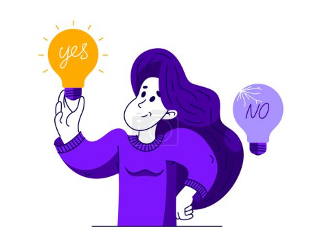 Illustration for Young woman having a lot of ideas and choosing best one to solve some problem, vector illustration of a young person who is choosing between different ideas which one is working. - Royalty Free Image