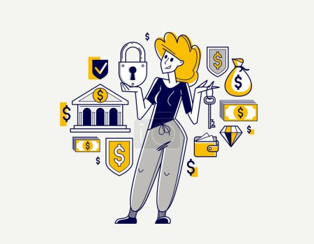 Financial protection and security vector outline illustration, bank worker woman is doing his job on financial safety, insurance and risk, secured shield.