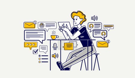 Téléchargez les illustrations : Online consultant working in support center helping and giving advices to customers, vector outline illustration, text messages in a messenger. - en licence libre de droit