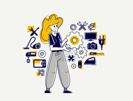 Illustration for Woman technician engineer repairing household appliances, repairman service vector outline illustration, engineer fixing and upgrading different technics. - Royalty Free Image