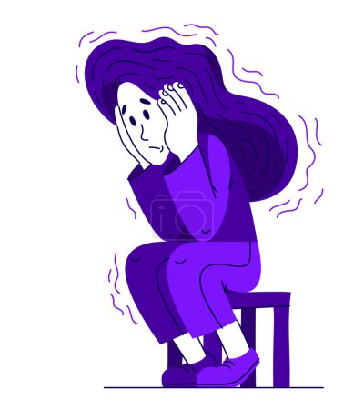 Ilustración de Mujer joven que tiene un problema psicológico de estrés o ansiedad, ilustración vectorial de chica estresada que tiene trastorno mental o cansado, dolor de cabeza dibujo de estilo plano. - Imagen libre de derechos
