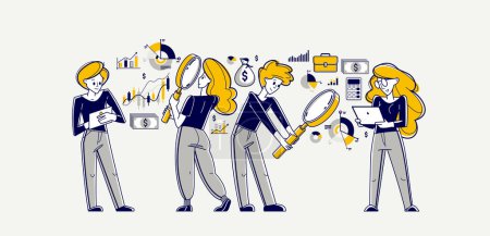 Téléchargez les illustrations : Financial analytics making inquiry about budget balance in business company, vector outline illustration, business strategy growth, teamwork. - en licence libre de droit