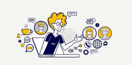 Ilustración de Online video chat of a young people doing their work and consulting remote about some project, online conference, webinar vector outline illustration. - Imagen libre de derechos