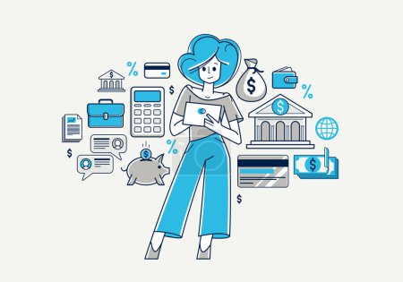 Banca en línea vector esquema ilustración, mujer gerente que trabaja con las finanzas o el cliente gestiona su cuenta con depósito o crédito, banca electrónica.