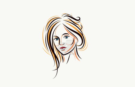 Illustration for Beauty young woman face vector illustration, logo look like drawing for cosmetology or skincare or cosmetics brand, classic style emblem. - Royalty Free Image