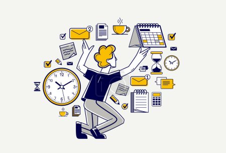 Illustration for Time management vector outline illustration, worker planning deadline and prioritize tasks, business productiveness agenda, zero hour. - Royalty Free Image