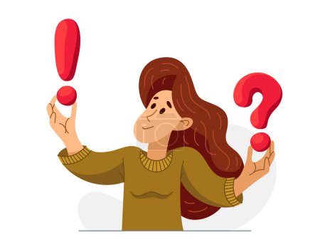 Illustration for Young woman having a doubt and question, vector illustration of a person who is hesitating and thinking about some problem, decide uncertainty. - Royalty Free Image