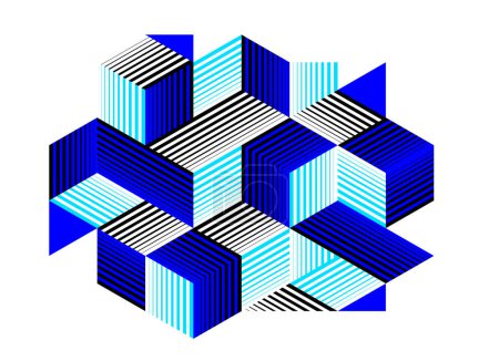 Illustration for Blue vector abstract geometric background with cubes and different rhythmic shapes, isometric 3D abstraction art displaying city buildings forms look like, op art. - Royalty Free Image
