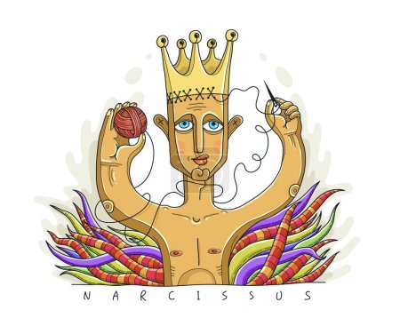 Illustration for Narcissist man vector illustration, metaphor conceptual drawing of a young man wearing a crown symbolizing narcissism psychology disorder. - Royalty Free Image