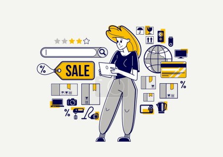 Illustration for Online shopping and discount vector outline illustration, virtual store worker managing goods or customer have a big choice and enjoying cheap prices, adviser consultant. - Royalty Free Image