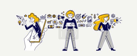 Illustration for Marketing, strategy, marketer, team, advertising, goal, work, vector, ad, business, teamwork, success, plan, message, promote, social, media, worldwide, analyze, brand, campaign, employee, character, job, agency, promotion, analytical, communication, - Royalty Free Image