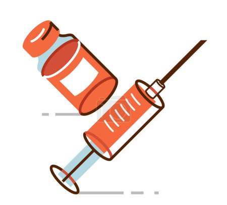 Vektor-Vektor-Illustration einer Spritze mit Fläschchen über weißem, epidemischem oder pandemischem Coronavirus covid 19 oder Grippe oder SARS oder einem anderen Impfstoff, pharmakologisches Konzept.