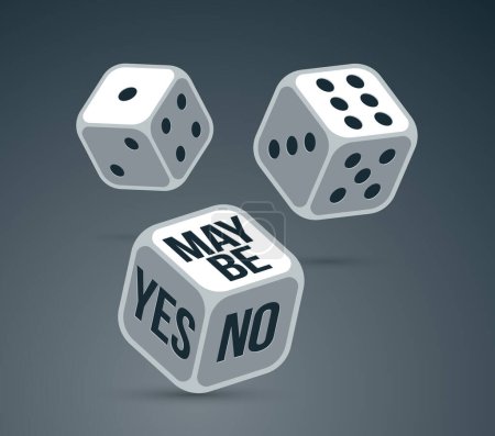 Yes or no or maybe dice rolling chance vector illustration, make a decision and say concept, undecided question idea.
