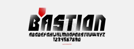Illustration for Halftone dotted futuristic cyberpunk font for logos and posters, vector brutal industrial typeface alphabet letters and numbers, urban technic future typography, italic version. - Royalty Free Image
