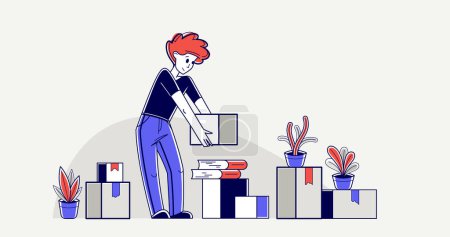 Moving to new apartment or business moving to new office, person carry and unpack boxes with stuff, beginning of new life, vector outline illustration.