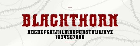 Illustration for Thorn horror gothic rock display font for emblems and logos, dangerous blackthorn typeface for headlines and titles, bold serif typography alphabet letters with prickles. - Royalty Free Image