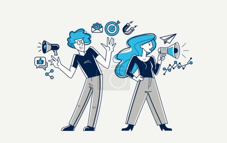 Téléchargez les illustrations : Marketing theme vector outline illustration, marketers team analyzing and creating plan and strategy, advertising business teamwork concept, reach a goal success. - en licence libre de droit