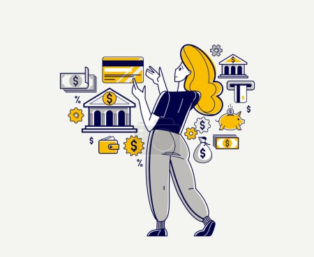 Illustration for Banking vector outline illustration, manager girl working with finances or customer manages her account with deposit or credit, personal savings. - Royalty Free Image