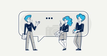 Illustration for Team of young people having a discussion about solving some problems in work, brainstorm about new creative ideas, vector outline illustration. - Royalty Free Image