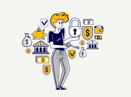 Financial protection and security vector outline illustration, bank worker is doing his job on financial safety, insurance and risk, secured shield.