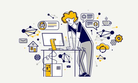 Téléchargez les illustrations : Freelancer working from home vector outline illustration, self-employed person busy with online work, professional doing some creative job on internet. - en licence libre de droit