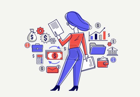 Illustration for Business person analyzing and organizing financial deals vector outline illustration, woman entrepreneur company leader working on some commercial project. - Royalty Free Image