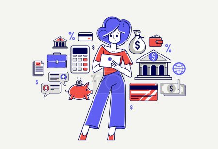 Illustration for Online banking vector outline illustration, woman manager working with finances or customer manages her account with deposit or credit, e-banking. - Royalty Free Image
