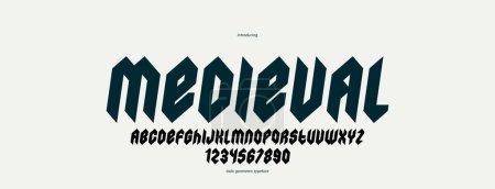 Pantalla vectorial nítida y negrita fuente cursiva para logotipo, tipografía moderna de estilo gótico o heavy metal, letras y números de rock duro afilados alfabeto para títulos o eslóganes, tipografía pesada.