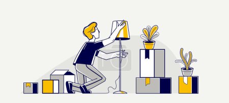 Illustration for Moving to new apartment or business moving to new office, person carry and unpack boxes with stuff, beginning of new life, vector outline illustration. - Royalty Free Image