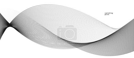 Ilustración de Ilustración abstracta del vector de fondo, puntos en movimiento por líneas de curva, ondas de flujo de partículas aisladas, ilustración monocromática en blanco y negro. - Imagen libre de derechos