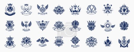 Classic style De Lis and crowns emblems big set, lily flower symbol ancient heraldic awards and labels collection, classical heraldry design elements, family or business emblems.