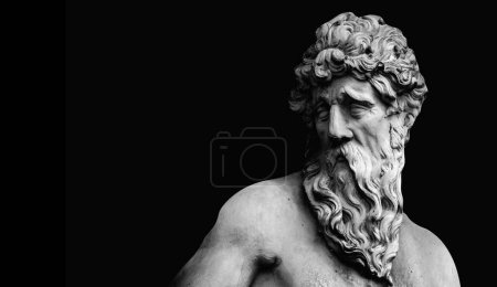 Foto de Ancient stone statue of Hercules against black background. Power, strength and courage concept. Black and white image. Copy space for text. - Imagen libre de derechos