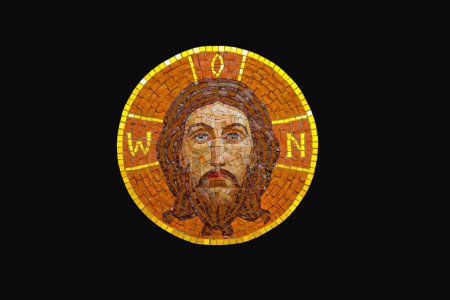 Photo for Ancient mosaic of Jesus Christ against black background. - Royalty Free Image