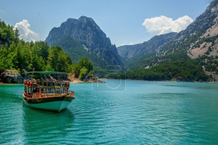 Photo for Oymapinar Lake, Turkey. Landscape of a mountain lake. Emerald water reservoir behind the dam Oymapinar. Green Canyon in Manavgat region, Turkey. High quality photo. Copy space. - Royalty Free Image