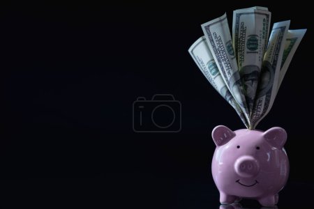 El tiempo es dinero. Hucha rosa con billetes de dólar. Éxito, tiempo, negocio y concepto de gestión.