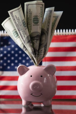 Time is money. Pink piggy bank with US Dollar bills money. Success, time, business and management concept. Vertical image.