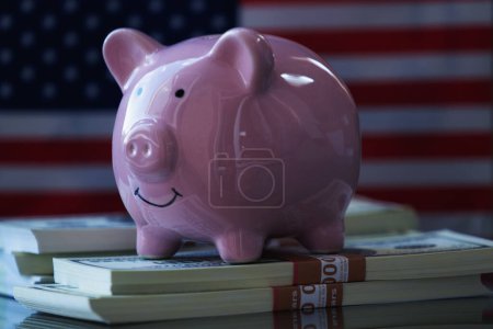 PCLoup tirelire rose avec des billets en dollars américains contre le drapeau des États-Unis comme symbole de l'économie, des affaires et de l'investissement des États-Unis.