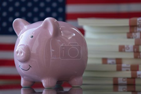 PCLoup tirelire rose avec des billets en dollars contre le drapeau des États-Unis comme symbole de l'économie, des affaires et de l'investissement des États-Unis. Espace de copie.