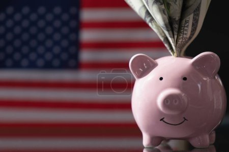 Tirelire rose avec des billets en dollars contre le drapeau des États-Unis comme symbole de l'économie, des affaires et de l'investissement des États-Unis. Espace de copie.
