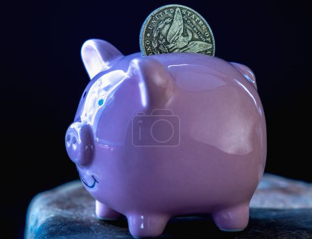 Tirelire rose avec pièce de monnaie comme symbole de l'économie, des affaires, de l'investissement.