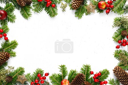 Noël, Noël, Noël ou Nouvel An fond avec décoration festive de Noël d'hiver sur branches d'arbre de Noël avec espace de copie pour un texte de carte de v?ux