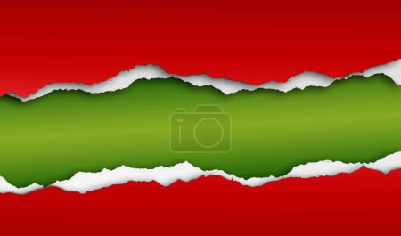 Photo for Hole ripped in red paper on green. Christmas background. Copy space - Royalty Free Image