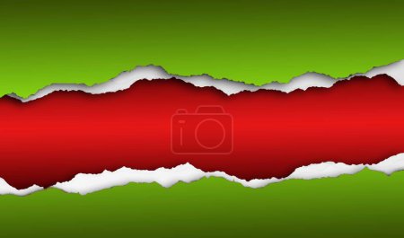 Hole ripped in green paper on red. Christmas background. Copy space
