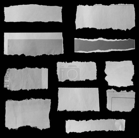 Téléchargez les photos : Onze morceaux de journal déchiré sur fond noir - en image libre de droit