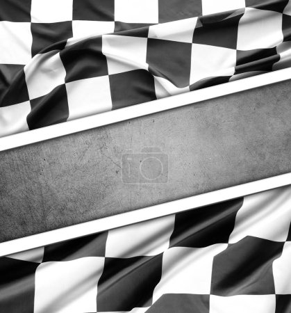 Photo for Checkered black and white flag on grey background. Copy space - Royalty Free Image