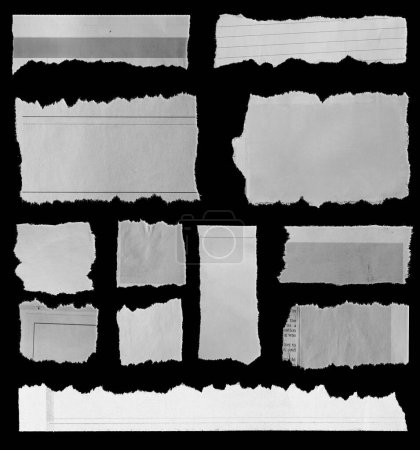 Téléchargez les photos : Douze morceaux de journal déchiré sur fond noir - en image libre de droit