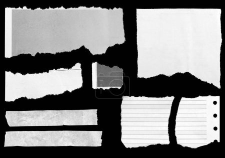 Foto de Ocho piezas de periódico roto sobre fondo negro - Imagen libre de derechos
